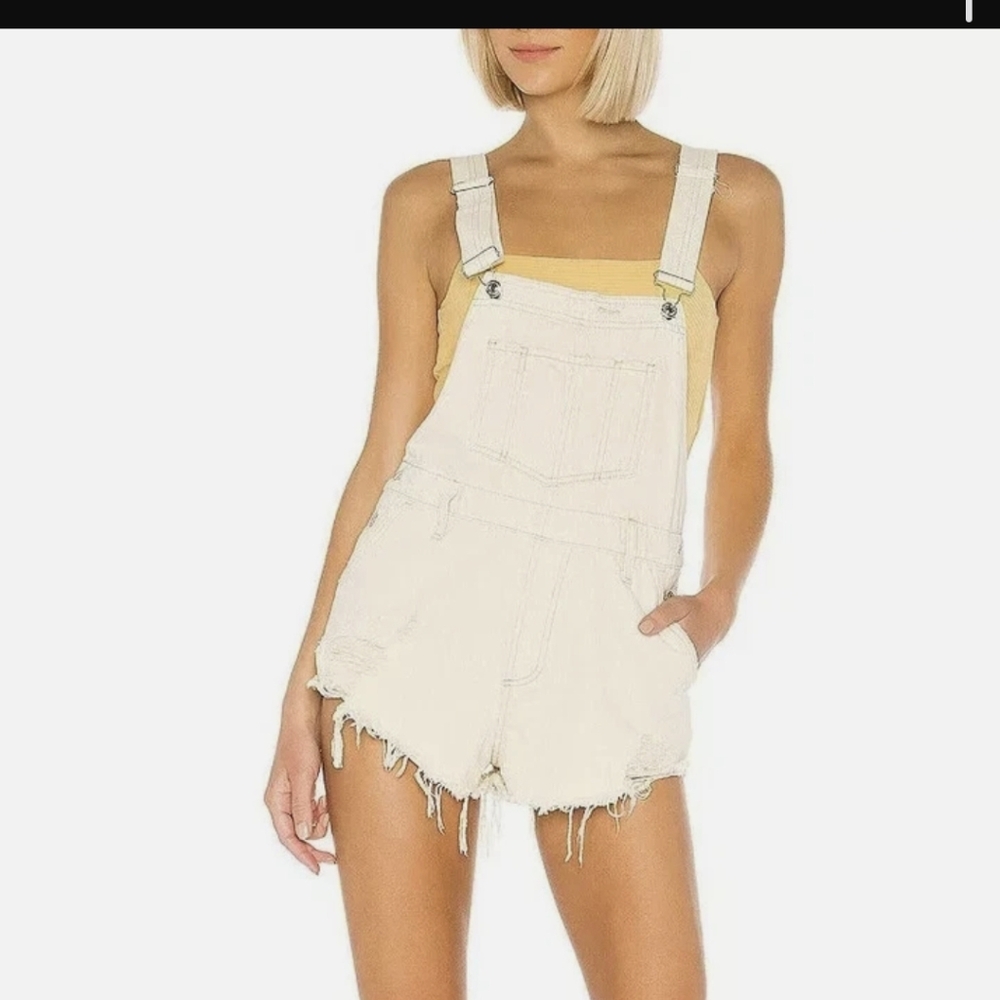 Free People Cream Distressed Denim Short Overalls